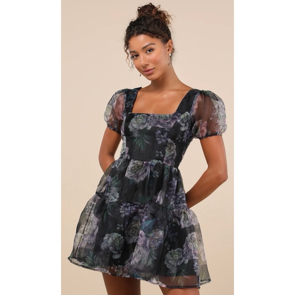 Lulus Exceptional Fate Floral Organza Puff Sleeve Mini Dress Whimsy Fairy Large
